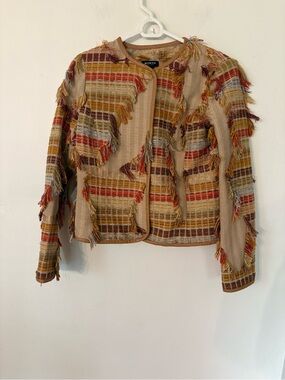 Worth Multicolor Fringe Tweed Jacket in Beige, Red, Mustard